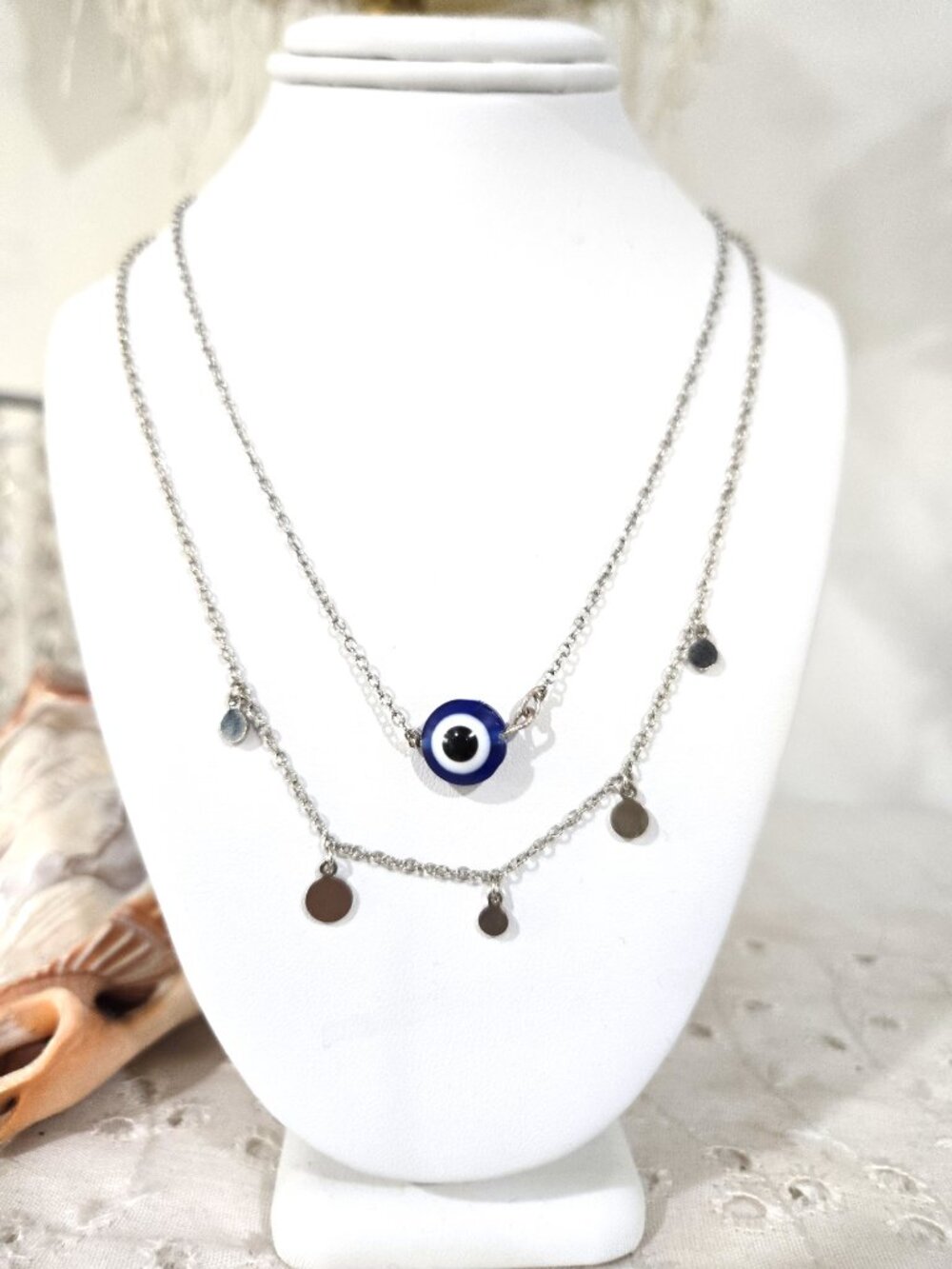 🧿Silver Minimalist Coin Duo Evil Eye Protection Layering Necklace set🧿